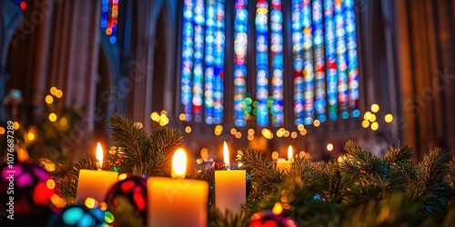 Soft candlelight glows against vibrant stained glass, creating a tranquil atmosphere for a gathering in an old church at sunset. The scene is peaceful and reflective, ideal for quiet moments.