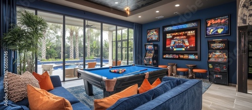 Contemporary game room with a pool table, couch, and arcade games in front of large windows looking out onto a patio with a pool. photo