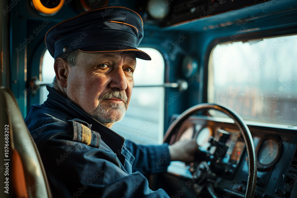 Generative AI image of a public transport machinist at work, focused on operating the vehicle Generative AI image of a public transport machinist at work, focused on operating the vehicle