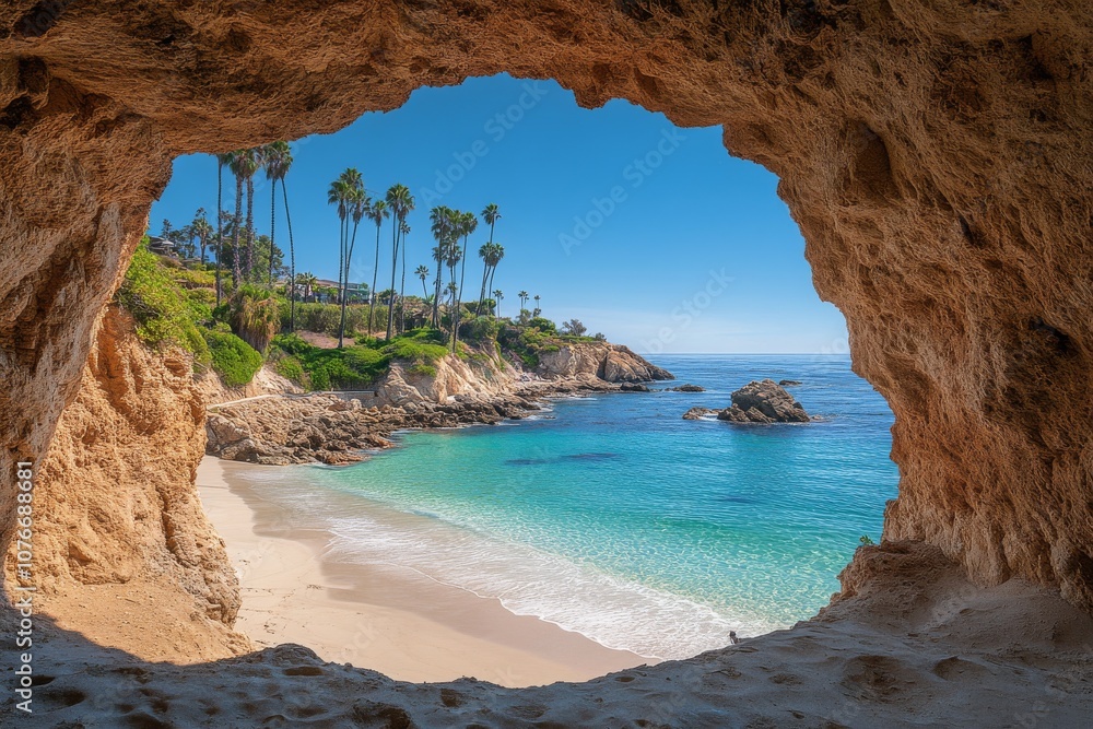 Fototapeta premium Cave view overlooking a tranquil beach with palm trees on a sunny day by the coast