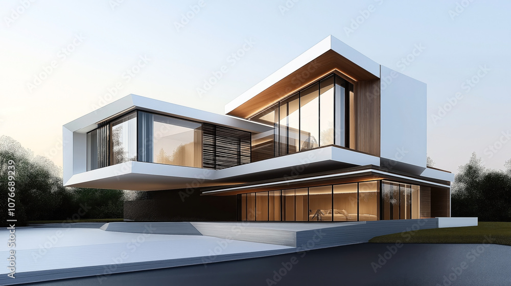Modern architecture of a sleek, contemporary house with large glass windows and cantilevered design surrounded by trees at sunset. Modern architecture of a sleek, contemporary house with large glass windows and cantilevered design surrounded by trees at sunset.