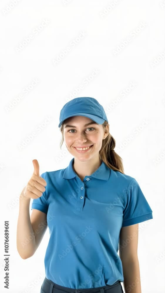 Young Caucasian woman wearing a blue polo shirt and cap, giving a thumbs up over white background Young Caucasian woman wearing a blue polo shirt and cap, giving a thumbs up over white background