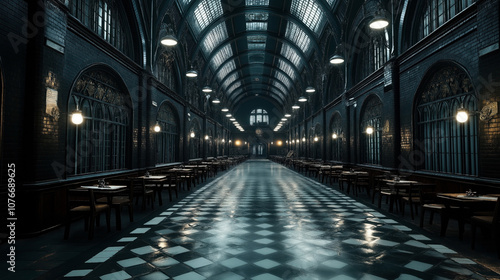 Long hallway with arched ceiling, dark tiled walls, and decorative windows, featuring rows of wooden tables and chairs under soft lighting in a symmetrical arrangement.