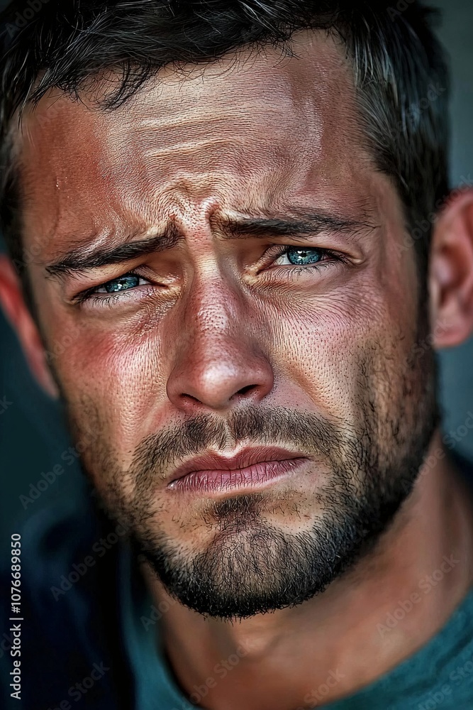 Fototapeta premium Expressive Portrait of a Thoughtful Man with Intense Blue Eyes in Natural Light