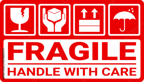 sticker fragile handle with care, red fragile warning label with broken glass symbol, this side up sign, keep dry and avoid liquid sign. sticker for packaging.