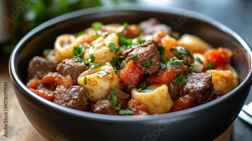 A warm bowl of pasta features rich meat sauce, sprinkled with cheese and fresh herbs, set against a rustic wooden backdrop.