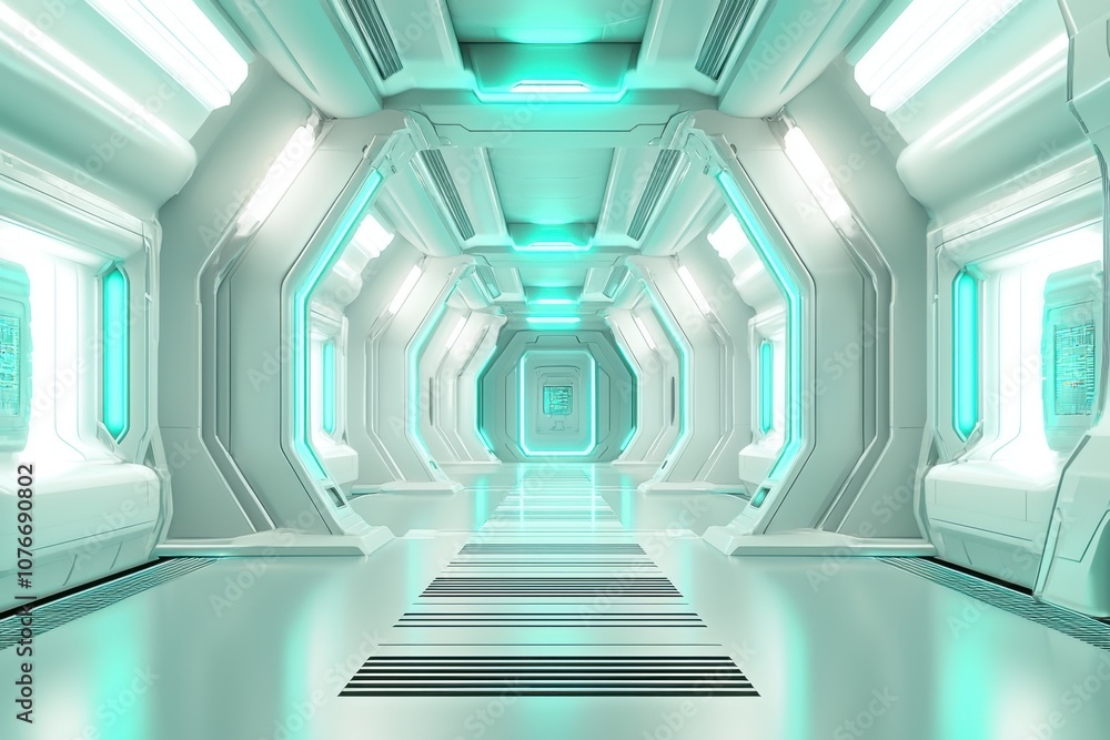 Fototapeta premium Futuristic corridor with glowing lights and sleek design.