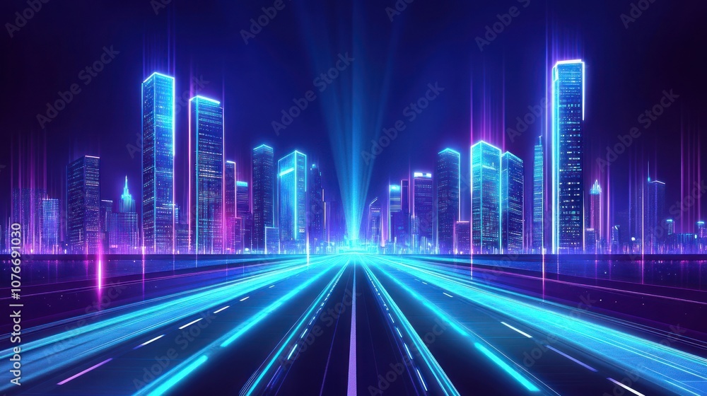 Neon Cityscape with Speeding Lights Neon Cityscape with Speeding Lights