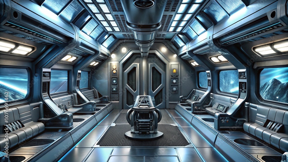 A spaceship interior with sleek metallic walls, control panels, holographic displays, and complex machinery, giving a high-tech feel A spaceship interior with sleek metallic walls, control panels, holographic displays, and complex machinery, giving a high-tech feel