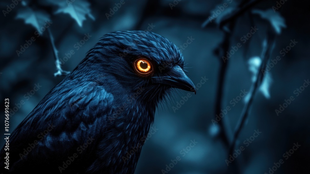 Intense Gaze of a Black Bird with Glowing Eye Intense Gaze of a Black Bird with Glowing Eye