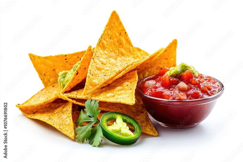 Crispy tortilla chips served with fresh salsa and jalapenos on a white isolated background. Crispy tortilla chips served with fresh salsa and jalapenos on a white isolated background.