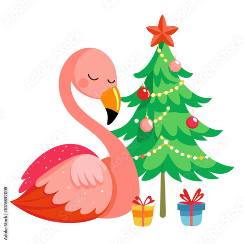 Pink Flamingo Christmas Cheer: A whimsical illustration of a pink flamingo enjoying the holiday season, nestled beside a festive Christmas tree adorned with ornaments and twinkling lights.