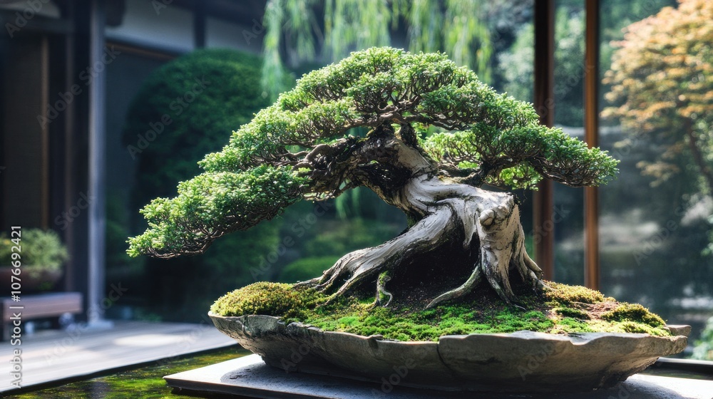 Ancient Bonsai Tree in a Tranquil Garden Ancient Bonsai Tree in a Tranquil Garden