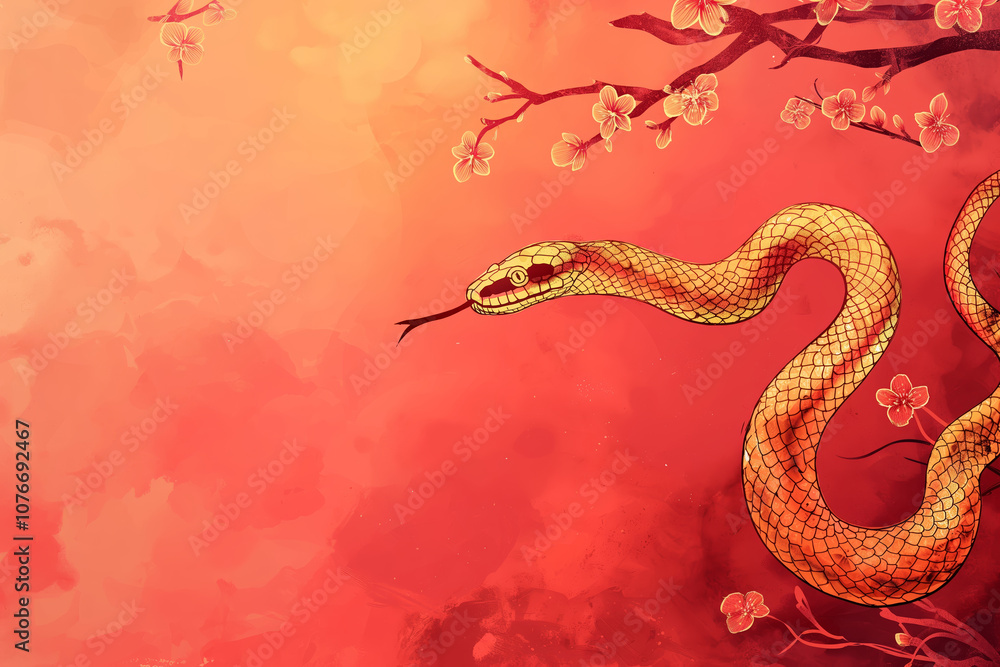 Obraz premium Chinese New Year 2025, Year of Snake. Creative design with snake, Lunar New Year copy space background. Red and gold colors.