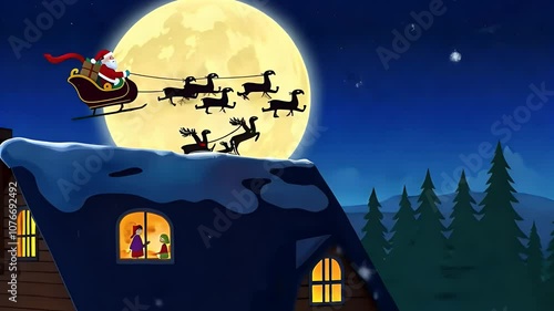 Santa Enchanted Sleigh Ride Over Snowy House under Full Moon photo