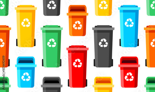 Seamless pattern with Colorful Recycling bins. Garbage sorting. E-waste, paper, Organic, plastic, metal and glass trash containers. Flat style