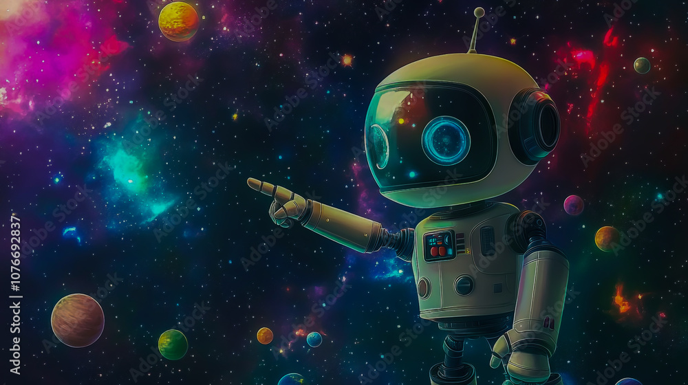 Naklejka premium Adorable and cheerful robot pointing toward a vast, starry space with colorful planets and sparkling galaxies.