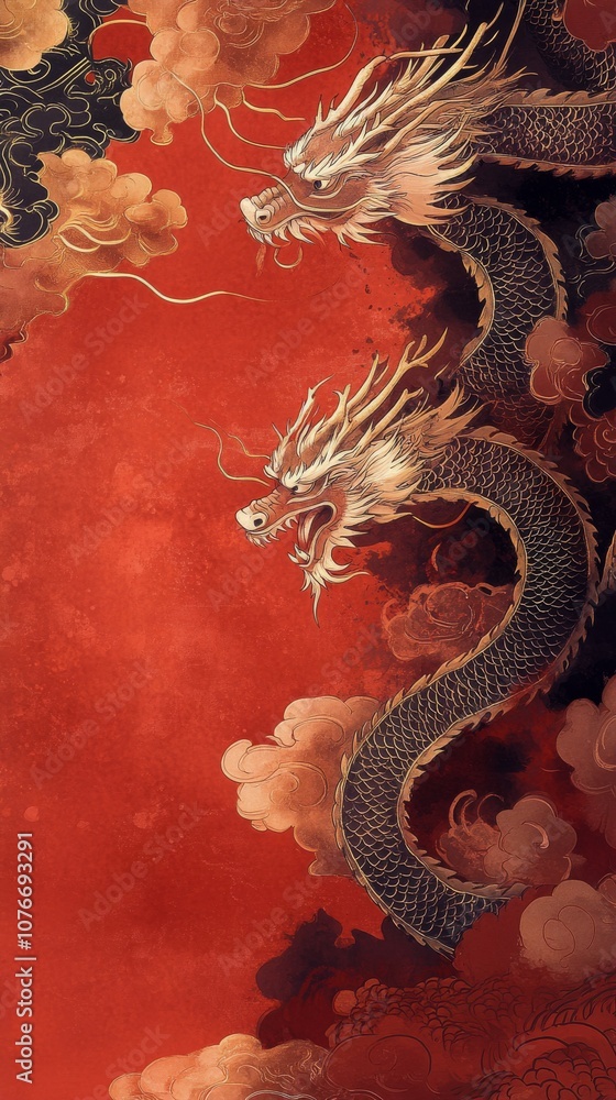 Majestic two headed dragon soaring above swirling clouds in vibrant red background Majestic two headed dragon soaring above swirling clouds in vibrant red background