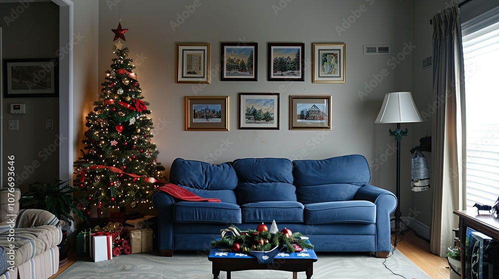 A blue sofa in front of the Christmas tree, a coffee table A blue sofa in front of the Christmas tree, a coffee table