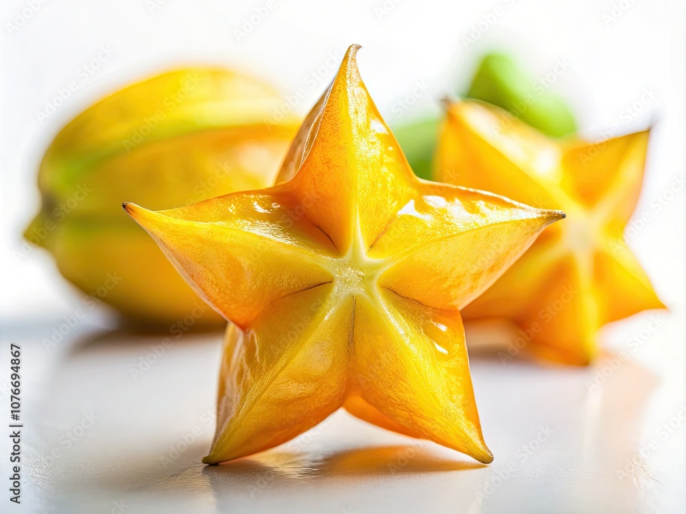 Fototapeta premium Ripe Star Fruit on White Background - Tilt-Shift Photography for Fruit Enthusiasts