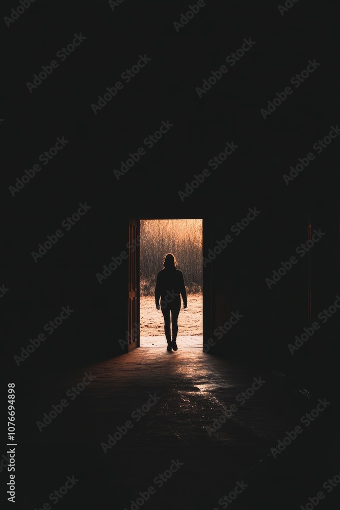 Fototapeta premium A person is walking through a doorway in a dark room