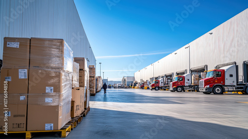 A Busy Outdoor Distribution Center with Trucks and Pallets Under a Bright Blue Sky, Showcasing Logistics and Supply Chain Operations Efficiently