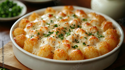 Delicious cheesy tater tot casserole with green peas, freshly baked, served in a warm, inviting kitchen setting during dinner time.