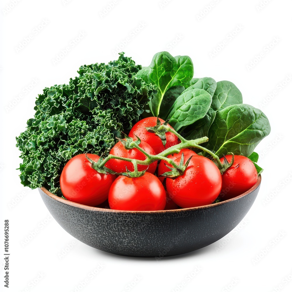 Fresh tomatoes, kale, and spinach in a modern black bowl on a white background. Fresh tomatoes, kale, and spinach in a modern black bowl on a white background.
