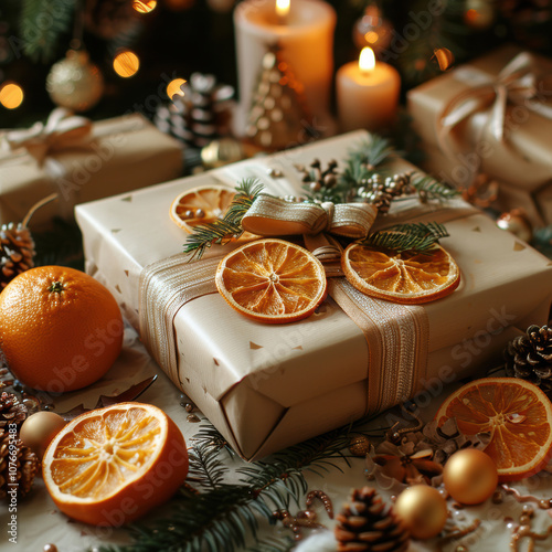 Christmas gift wrapping, close-up	
