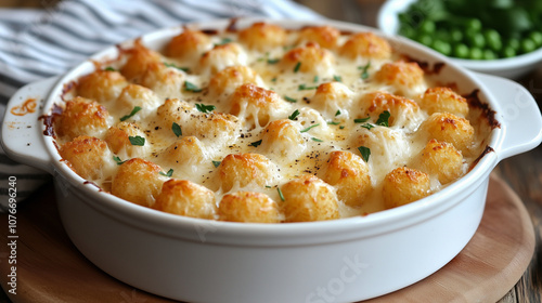 Delicious cheesy tater tot casserole with green peas, freshly baked, served in a warm, inviting kitchen setting during dinner time.