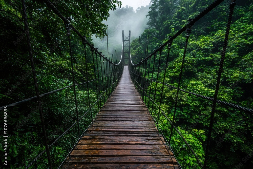 Obraz premium A wooden suspension bridge stretches through a lush, misty forest, inviting exploration.