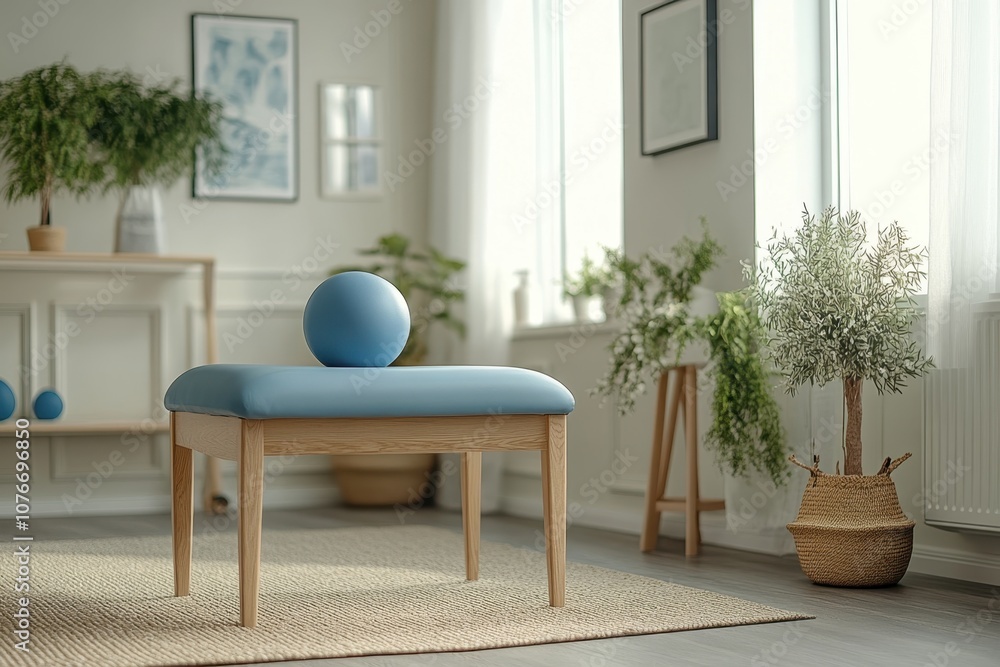 Fototapeta premium Calm interior space with a blue ball on a bench surrounded by greenery and natural light