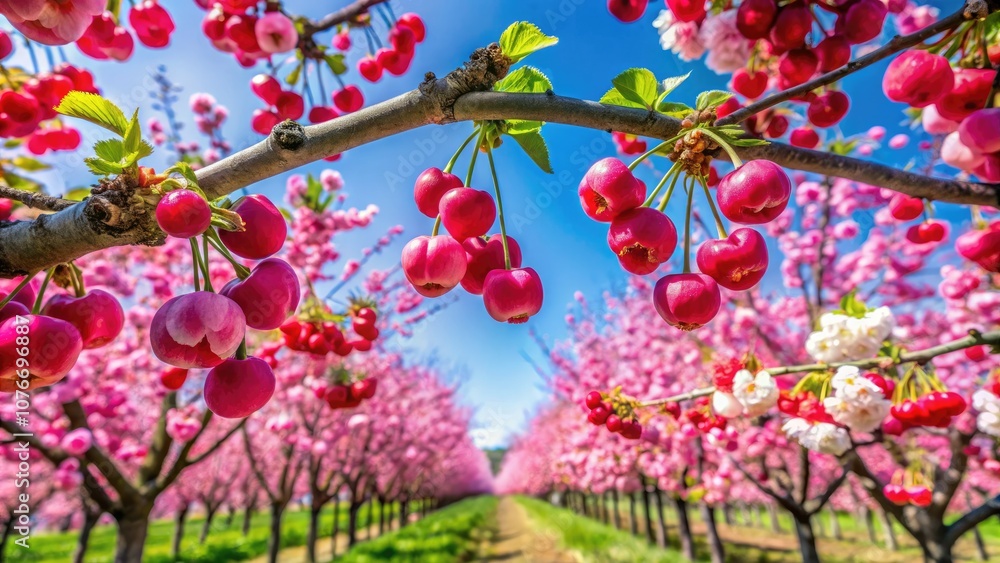 Rows of Blooming Cherry Trees with Sweet Cherries in Full Bloom - Stunning Product Photography Rows of Blooming Cherry Trees with Sweet Cherries in Full Bloom - Stunning Product Photography