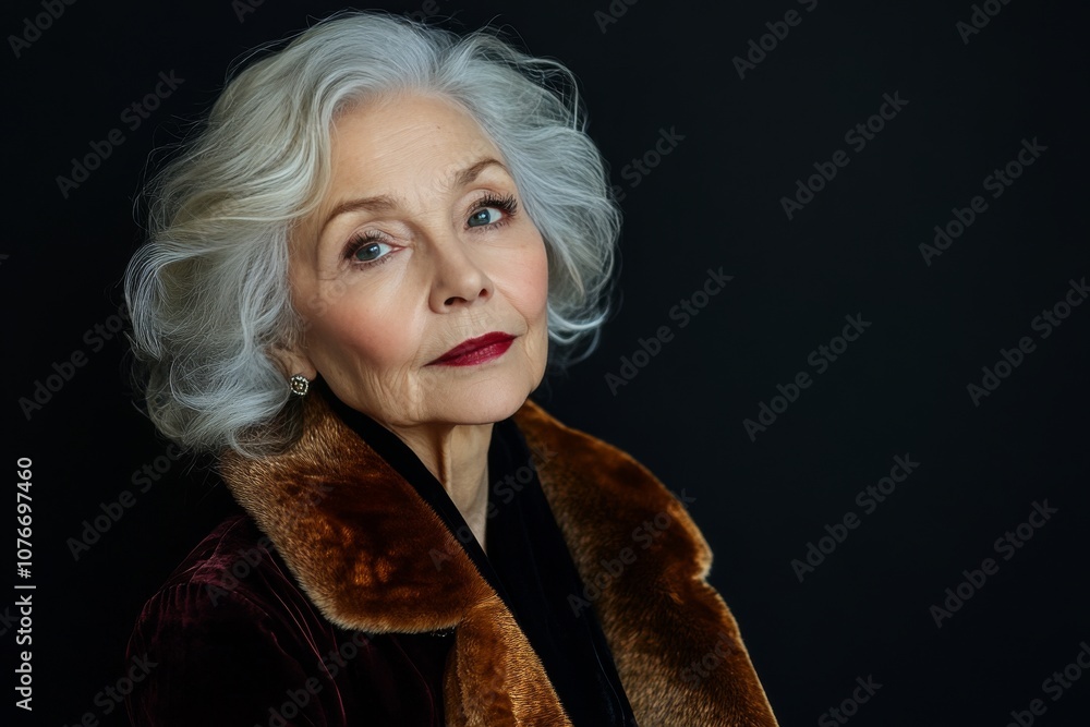 Elderly woman with gray hair wearing a black coat posing against a dark background Elderly woman with gray hair wearing a black coat posing against a dark background