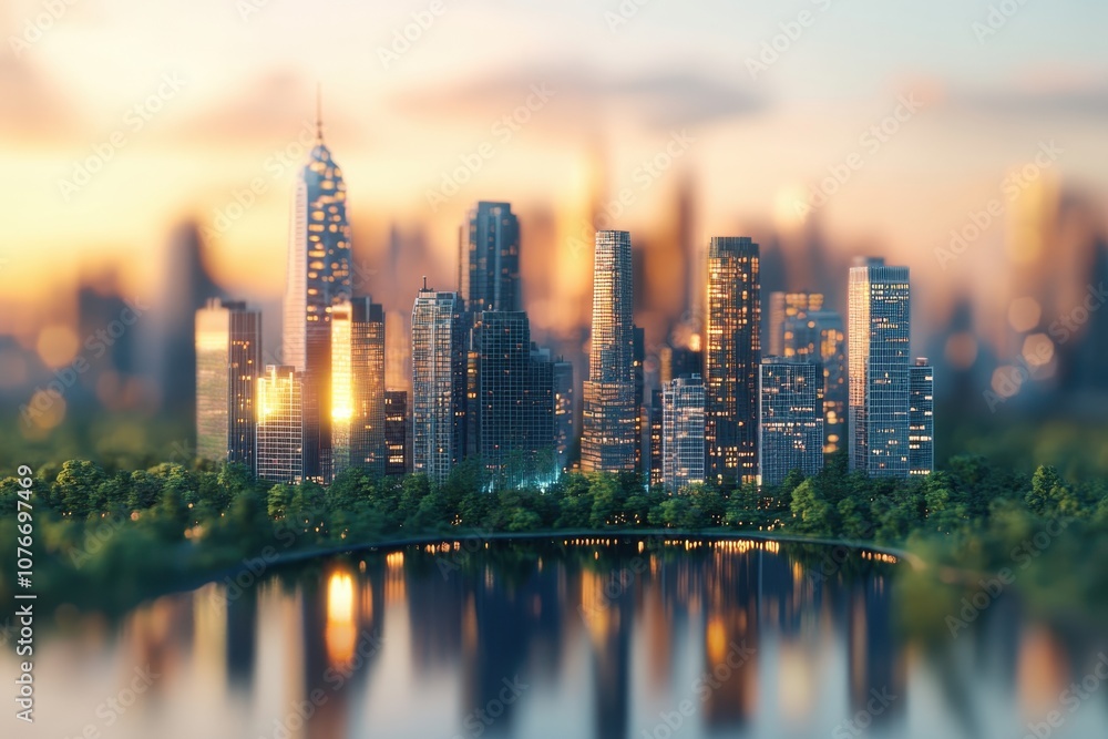 Fototapeta premium City skyline at sunset with reflections on water and lush greenery in the foreground