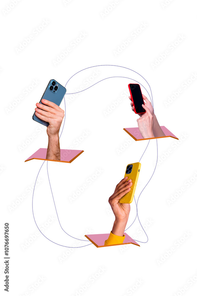 Obraz premium Vertical creative composite photo collage of human hands holding smartphones chatting communicating isolated on white color background