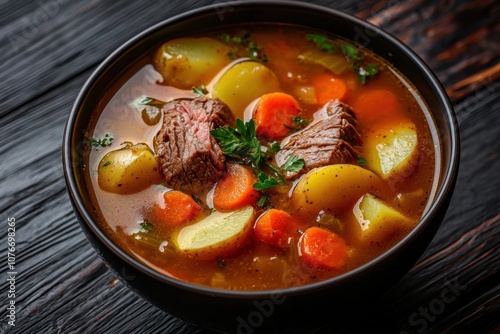 A bowl of hearty beef stew with potatoes, carrots, and herbs, ready for serving.