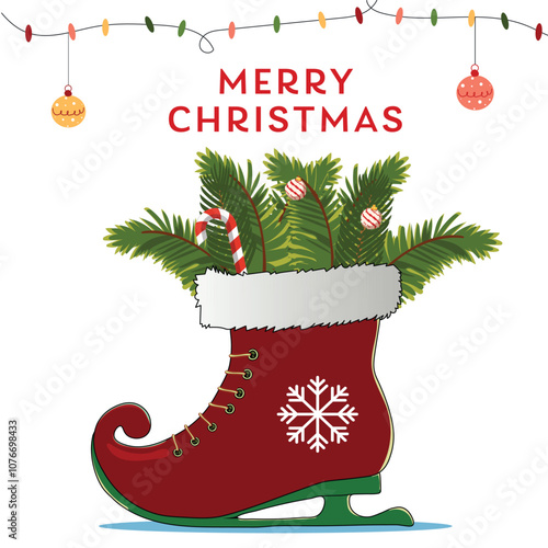 Merry Christmas Greeting Card with Ice Skating Boot of Fir Leaves, Candy Cane and Baubles Hang on White Background.