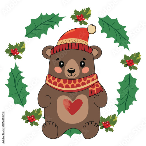 Cartoon Character of Bear Wearing Beanie with Scarf Surrounded by Holly Berry on White Background for Merry Christmas.