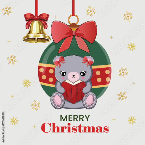 Merry Christmas Concept with Cartoon Bear Reading Book, Bauble and Jingle Bell Hang on Snowflake White Background.
