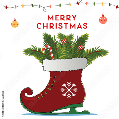 Merry Christmas Greeting Card with Ice Skating Boot of Fir Leaves, Candy Cane and Baubles Hang on White Background.