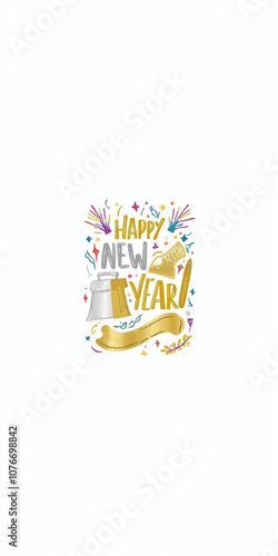 Happy New Year in amazing text with colorful fireworks golden white gift box and new year stuff decorative isolated on white background