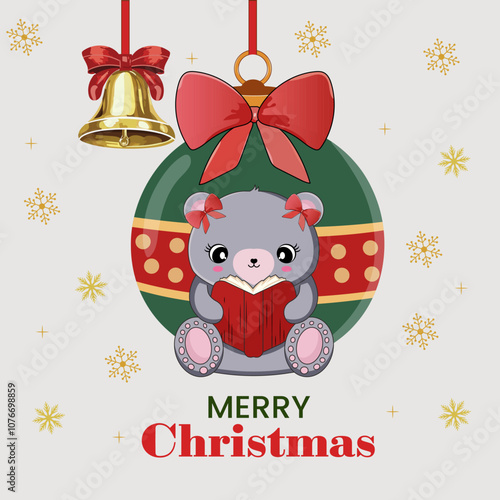 Merry Christmas Concept with Cartoon Bear Reading Book, Bauble and Jingle Bell Hang on Snowflake White Background.