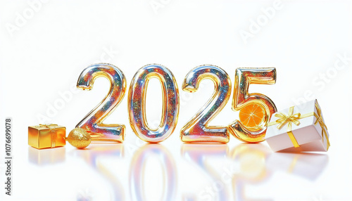 Happy New Year 2025 in golden colorful glowing text with colorful fireworks golden white gift box and new year stuff decorative isolated on white background