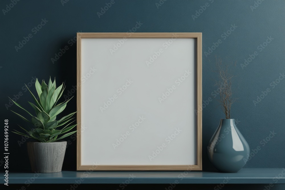 A serene interior decor setup featuring a blank frame and decorative elements at golden hour A serene interior decor setup featuring a blank frame and decorative elements at golden hour