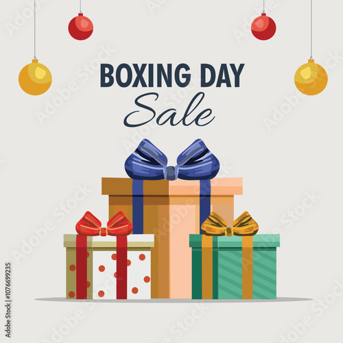 Boxing Day Sale Poster Design with Gift Boxes, Baubles Hang on Grey Background.