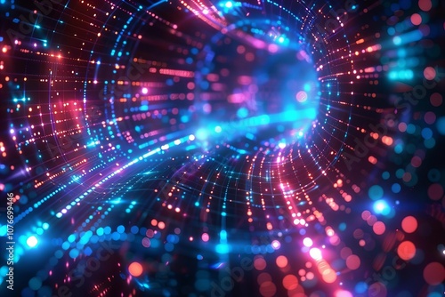 A Futuristic Rainbow Hyperdrive: An Abstract 3D Rendering of a Hyperspace Tunnel with Vibrant Lights and Laser Beams