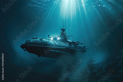 Beautiful large bathyscaphe floating in middle of ocean during exploration photo