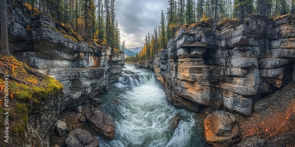 Fototapeta premium A River Carving Through A Narrow Rocky Canyon