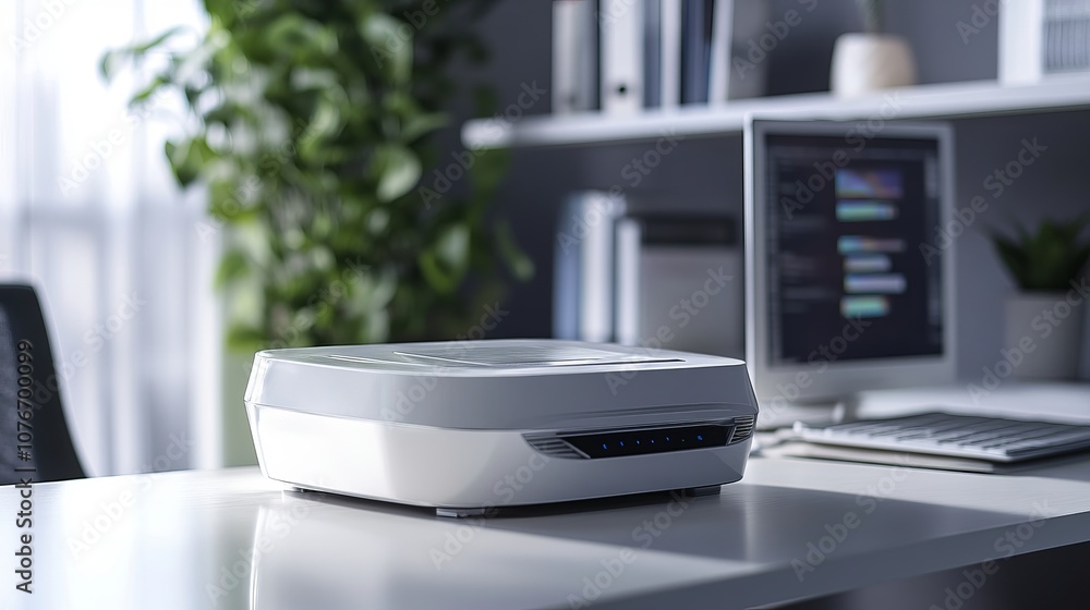 White modern modem connected to the Internet stands on the office desk White modern modem connected to the Internet stands on the office desk